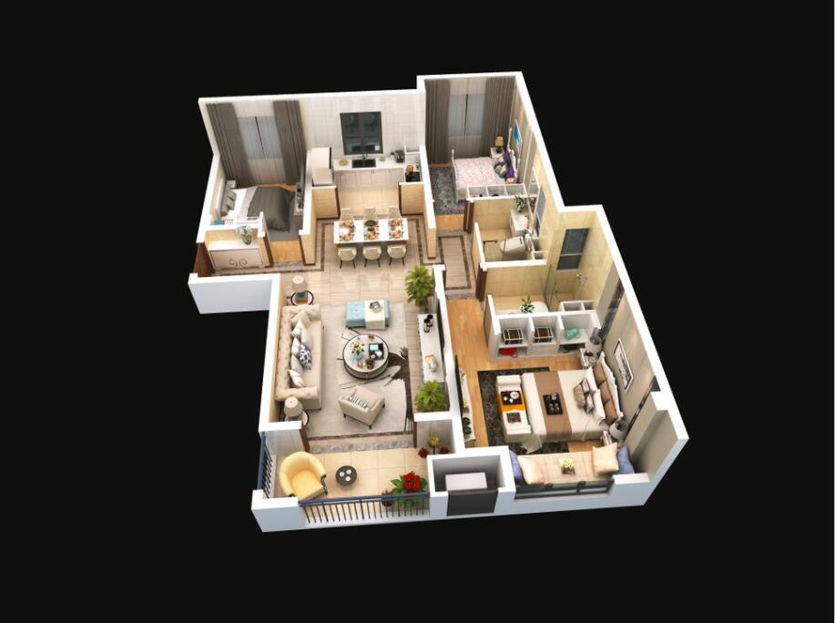 A戶型建面約117平方米，三室兩廳兩衛(wèi)