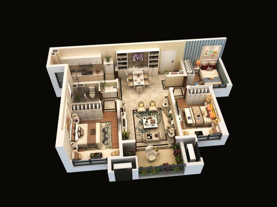 B戶型建面約96平方米，三室兩廳一衛(wèi)