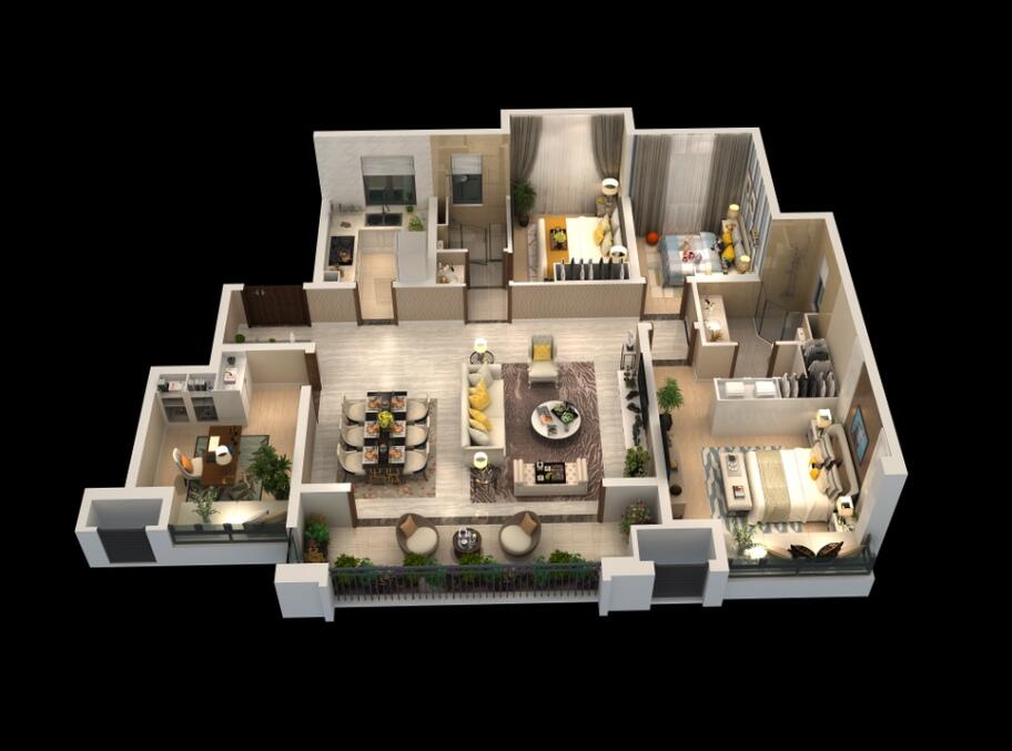 F戶型建面約142平方米，三室兩廳兩衛(wèi)